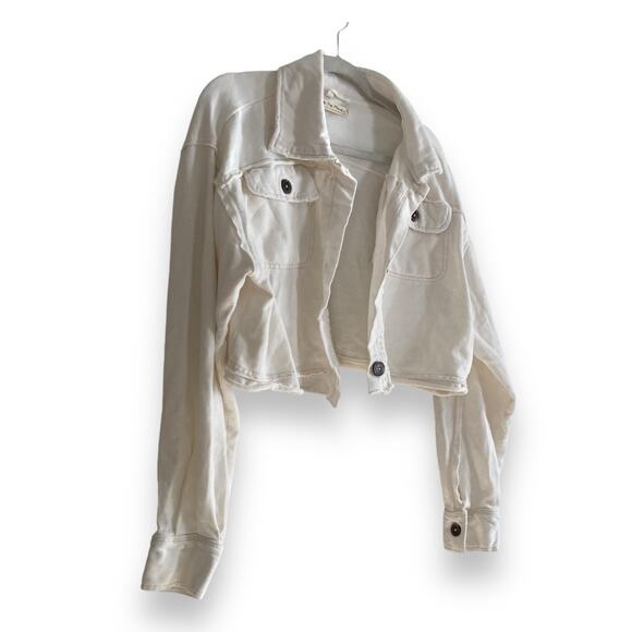 Womens We The Free Saturday White Taupe Cropped Distressed Shacket Size Small - Picture 3 of 16